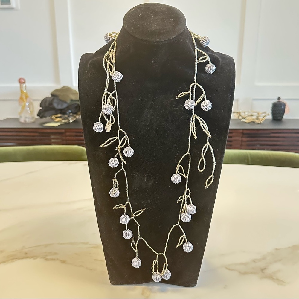 Grey and Light Blue Beaded Organic Branches and Buds Necklace